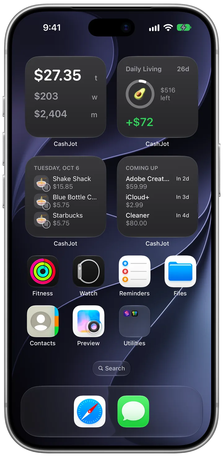Home Screen with CashJot's Spending Totals, Budget Progress, Today's Expenses and Upcoming Recurring widgets