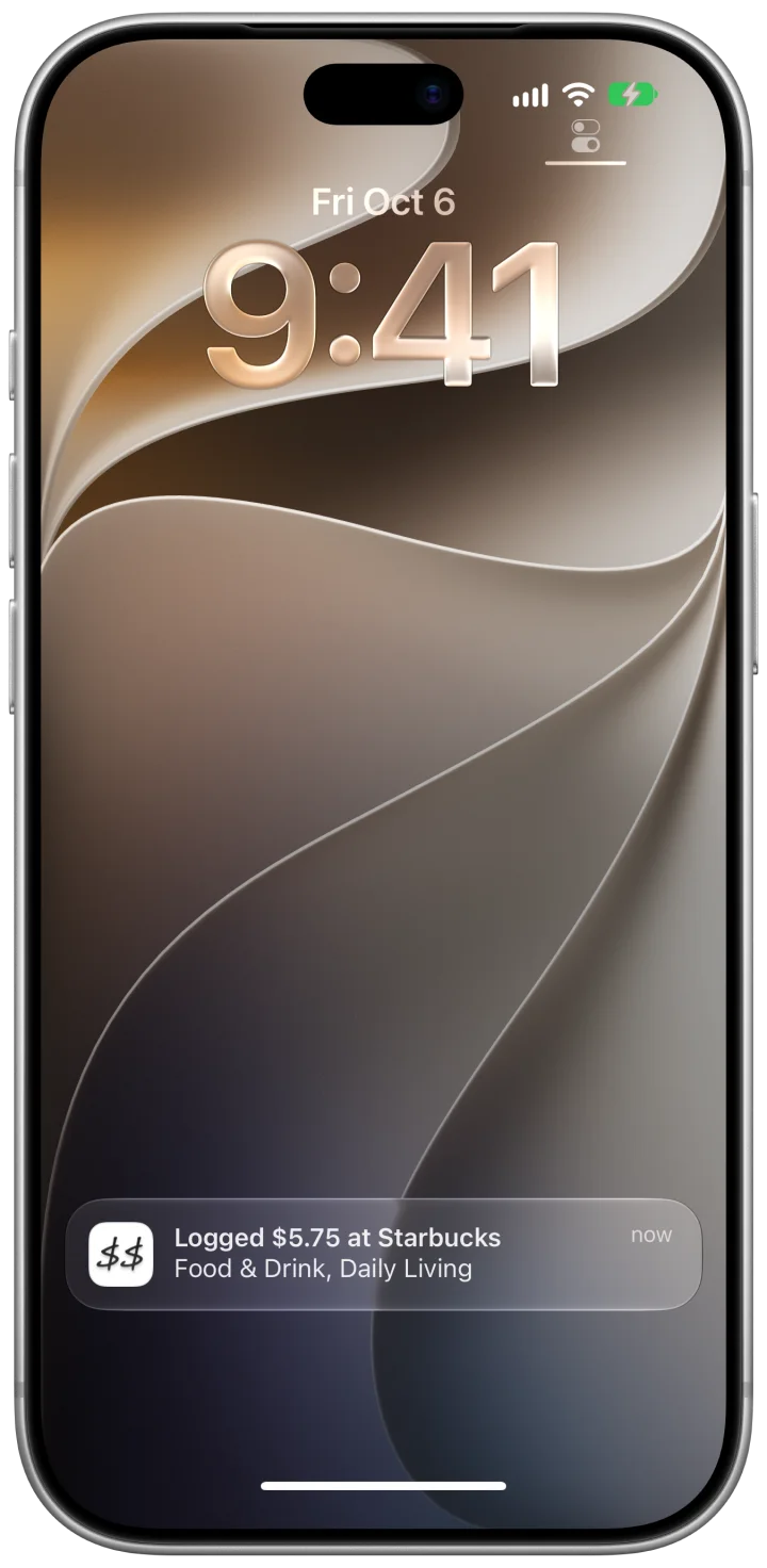 Lock Screen notification: Logged $5.75 at Starbucks, Food & Drink, Daily Living