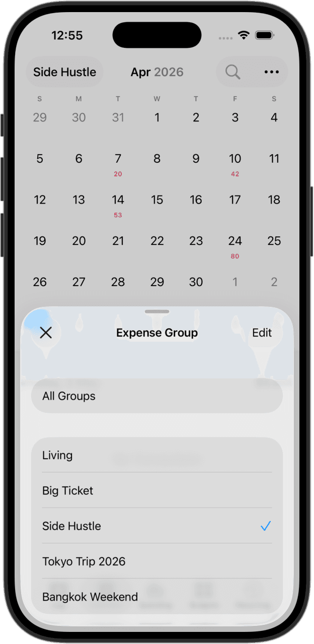 CashJot app showing a freelance Expense Group with its own budget