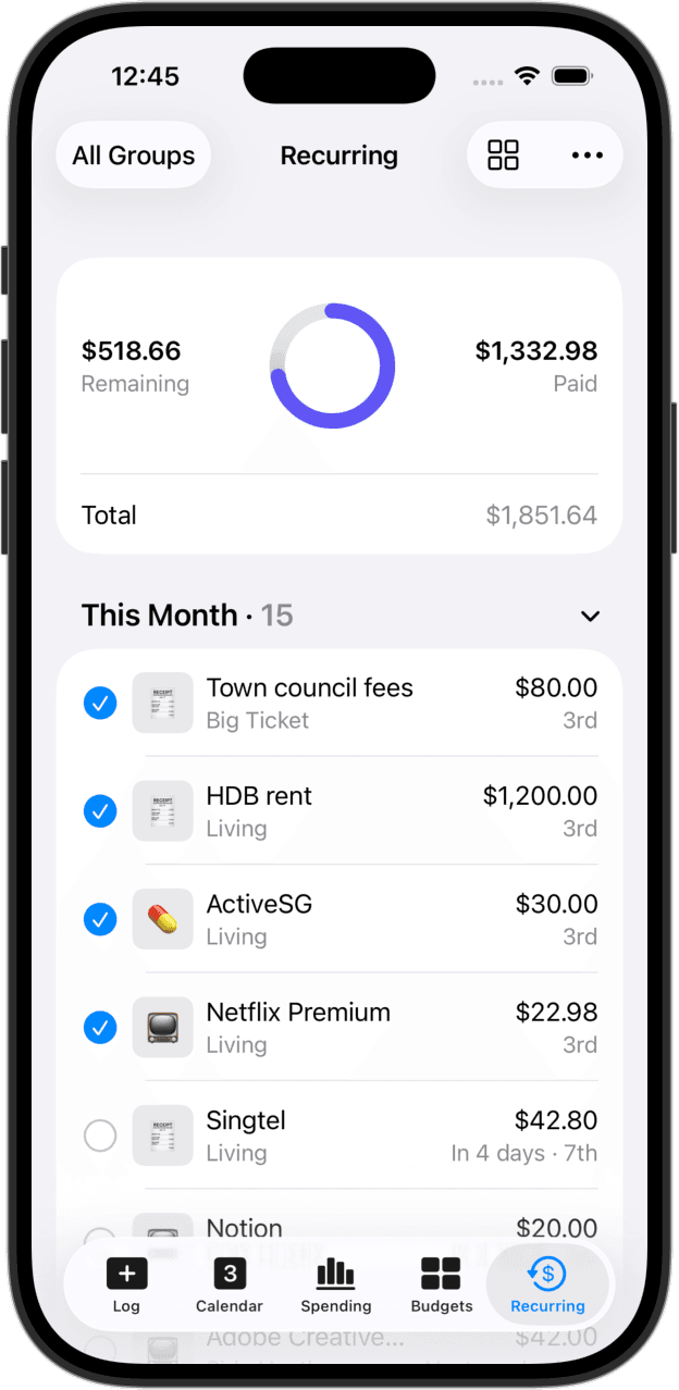 CashJot app showing the recurring expenses tab with upcoming subscriptions and bills