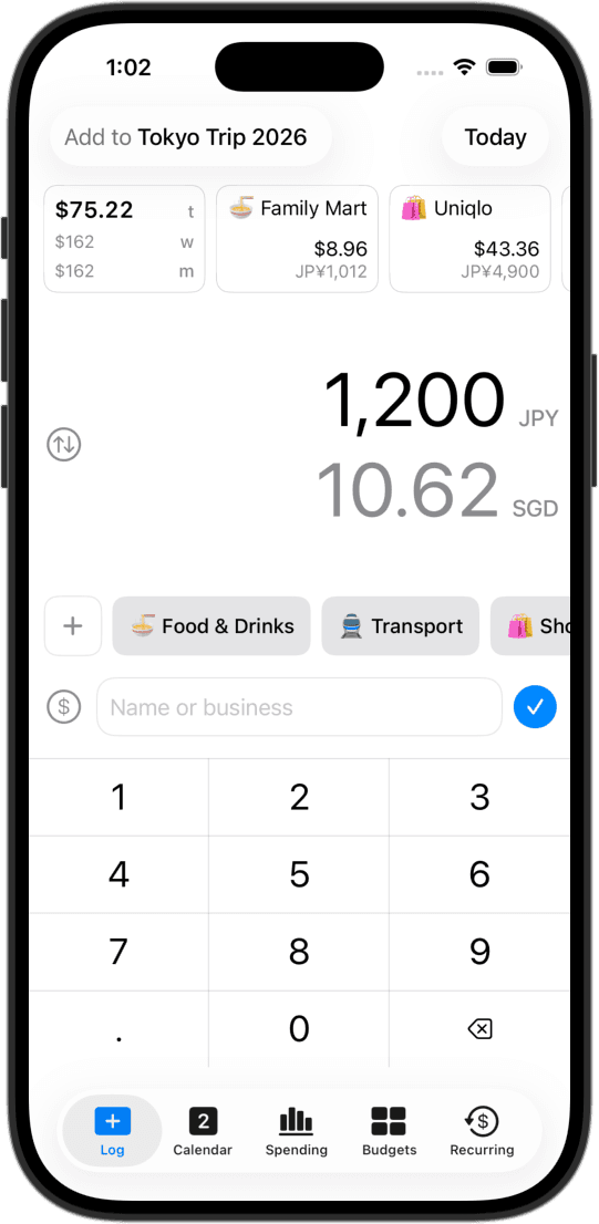 CashJot app showing a trip Expense Group with multi-currency totals