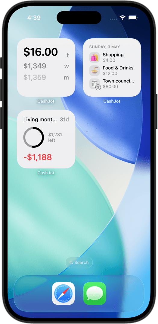 CashJot home screen widgets showing today's spend, budget progress, and recent transactions